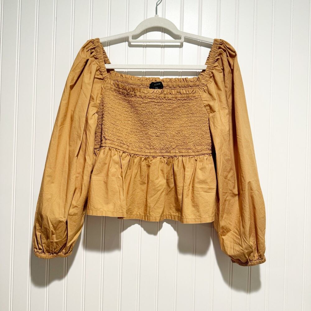 J Crew Tan Puff Sleeve Smocked Cotton Poplin Top Size XXL - Picture 2 of 7
